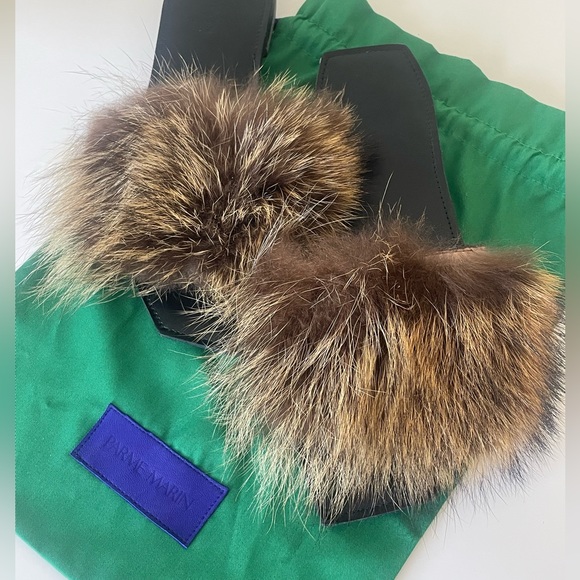 Parme Marin fur and leather slides women's size 9 with original shoe bag - Picture 2 of 6